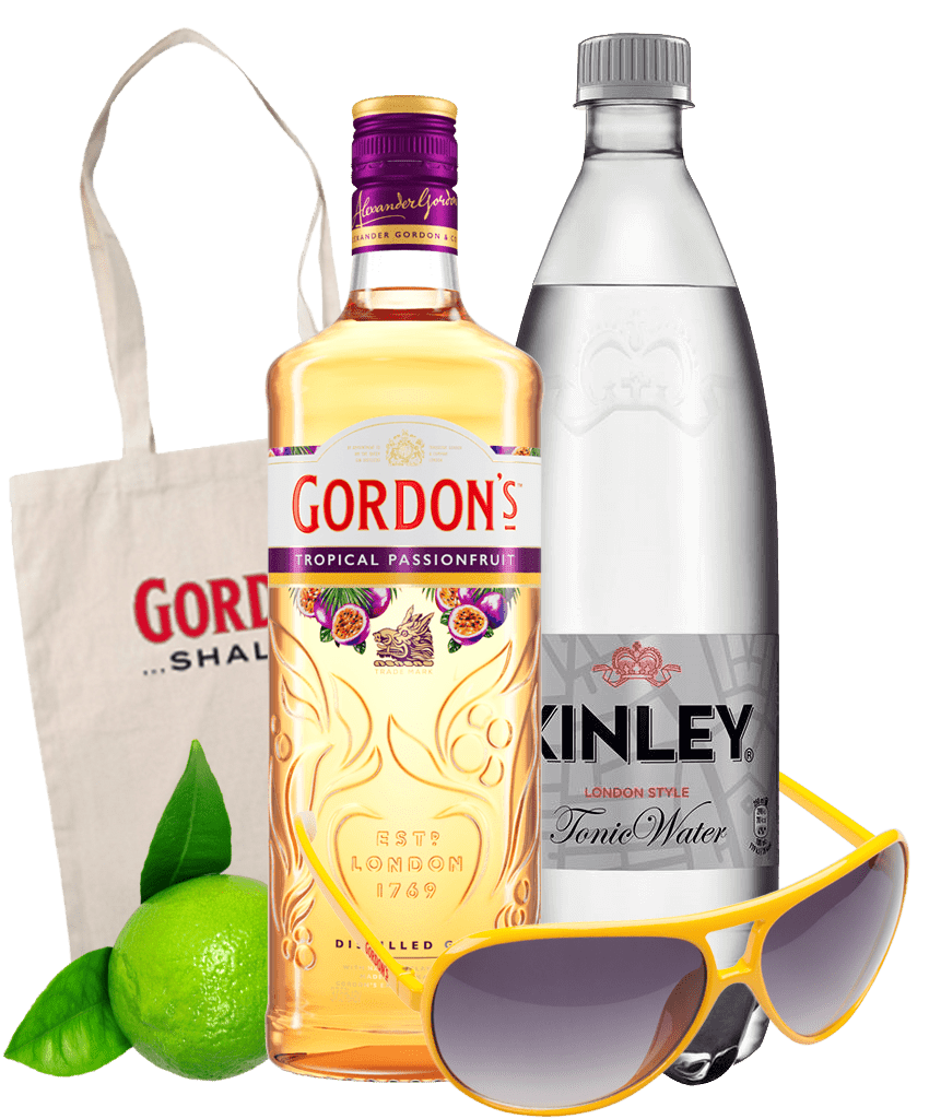 Gin Gordon´s Tropic. Passionfruit 37,5% 0,7L+Tonic, Limeta, Okuliare A Taška